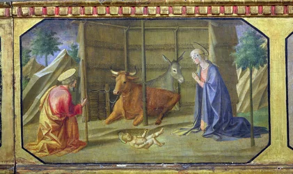 La Natividad, (detalle) del panel predela de la Madonna y el Niño entronizados por Filippo Lippi